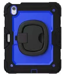 Rear view of a blue tablet case with a black rigid hand grip