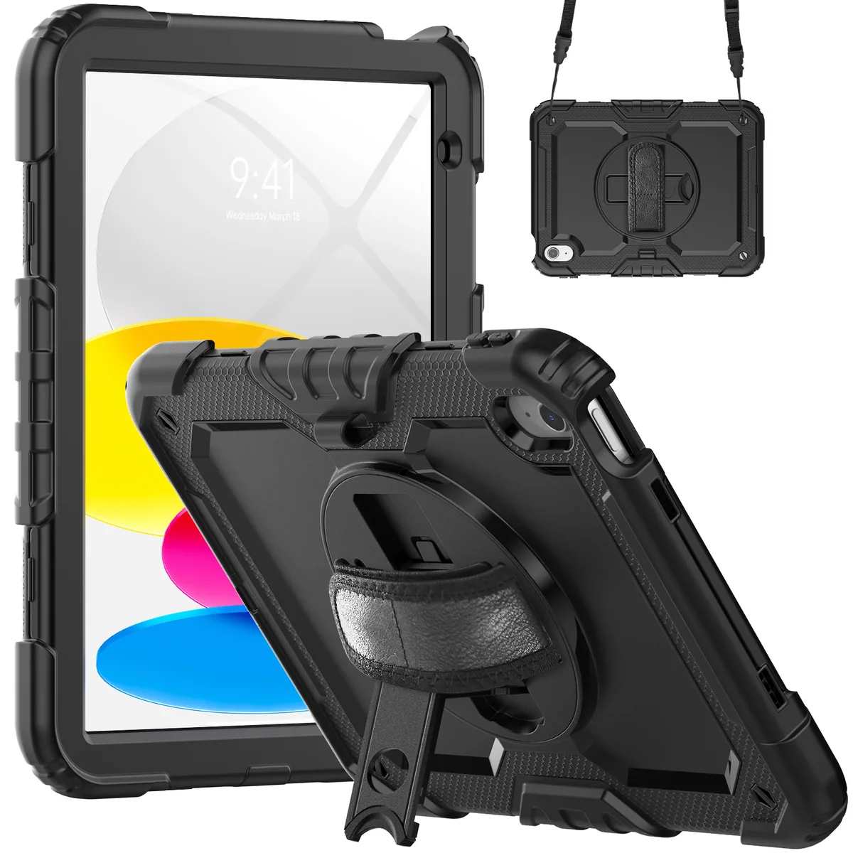 Black rugged tablet case with 360° rotating hand strap, kickstand and shoulder strap