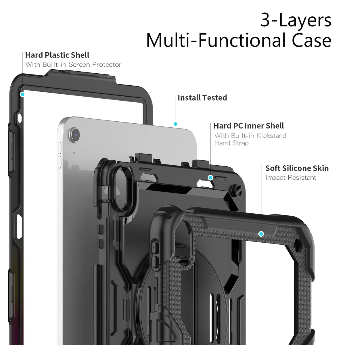 Three-layer structure: hard plastic shell, hard PC inner shell and soft silicone skin