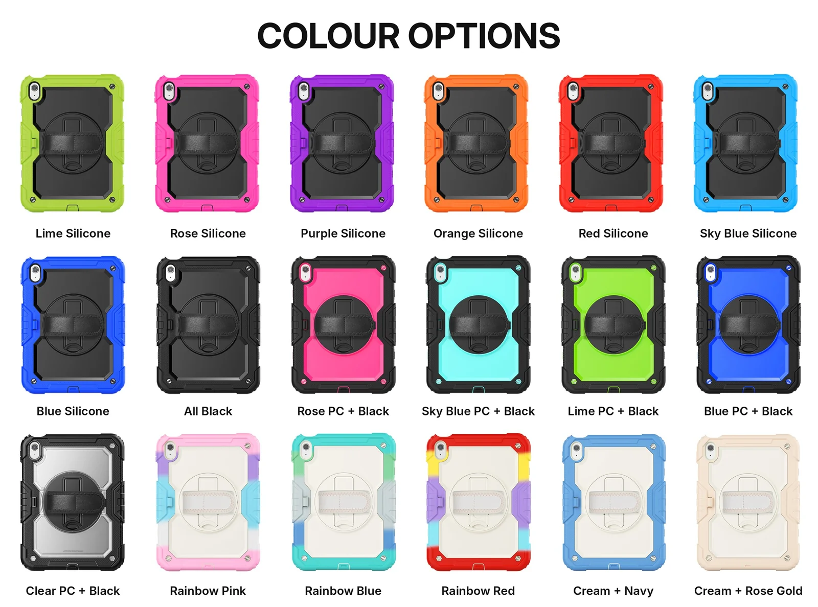 Hand strap tablet case in 18 color combinations