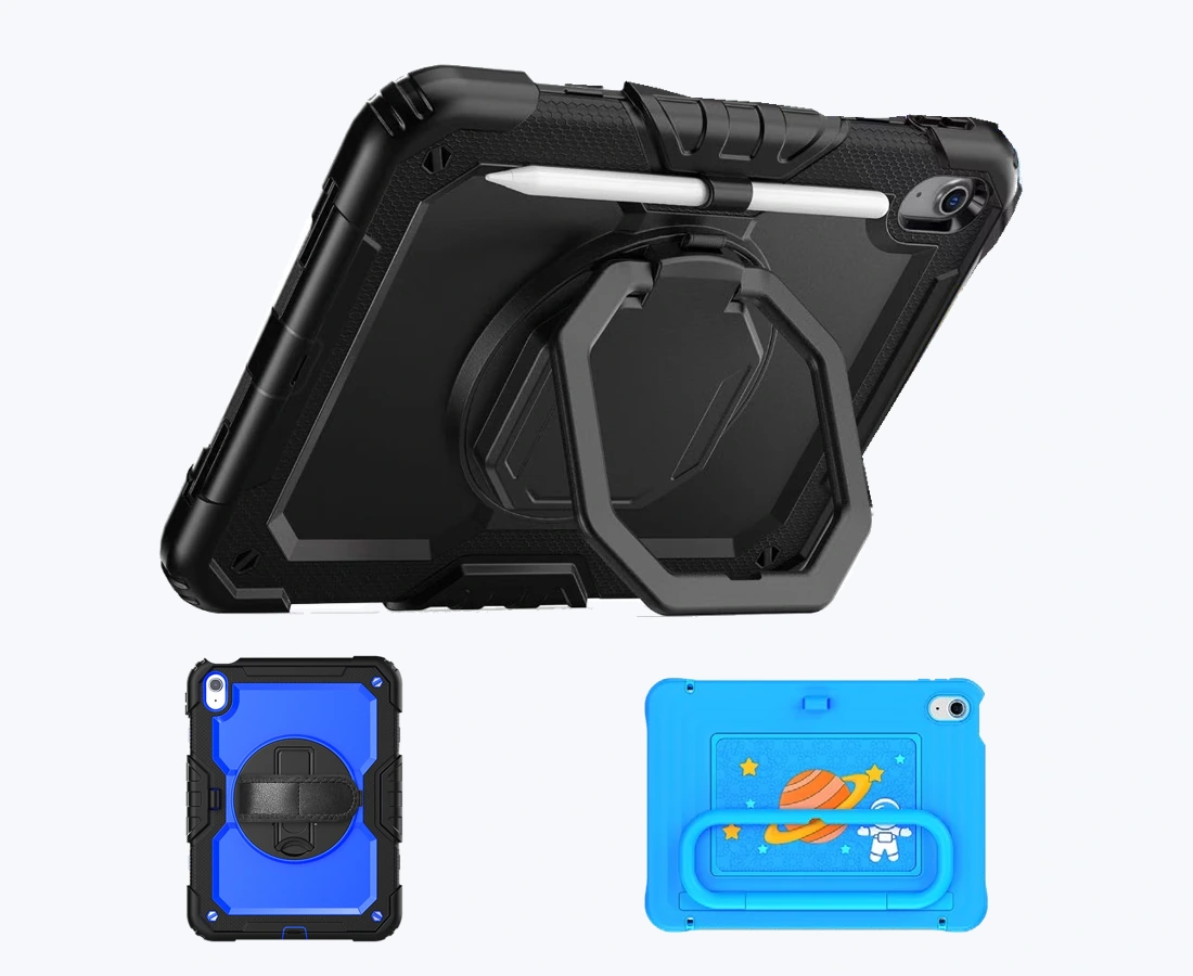 Black rigid hand-grip tablet case in its support-angle view, with a separate blue soft hand strap case and blue kids case