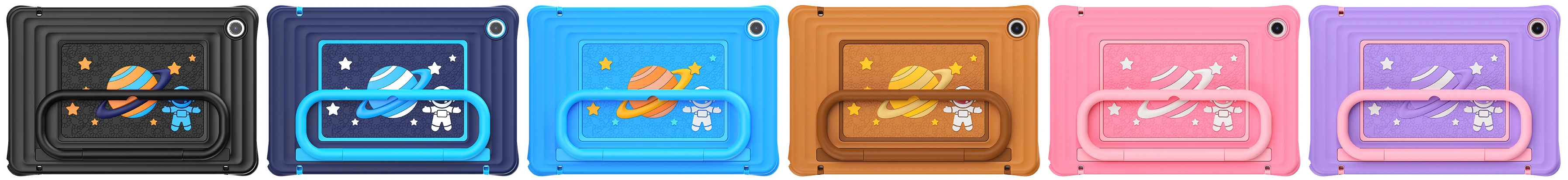 Six real kids case colors with handles: black, dark blue, light blue, brown, pink and purple