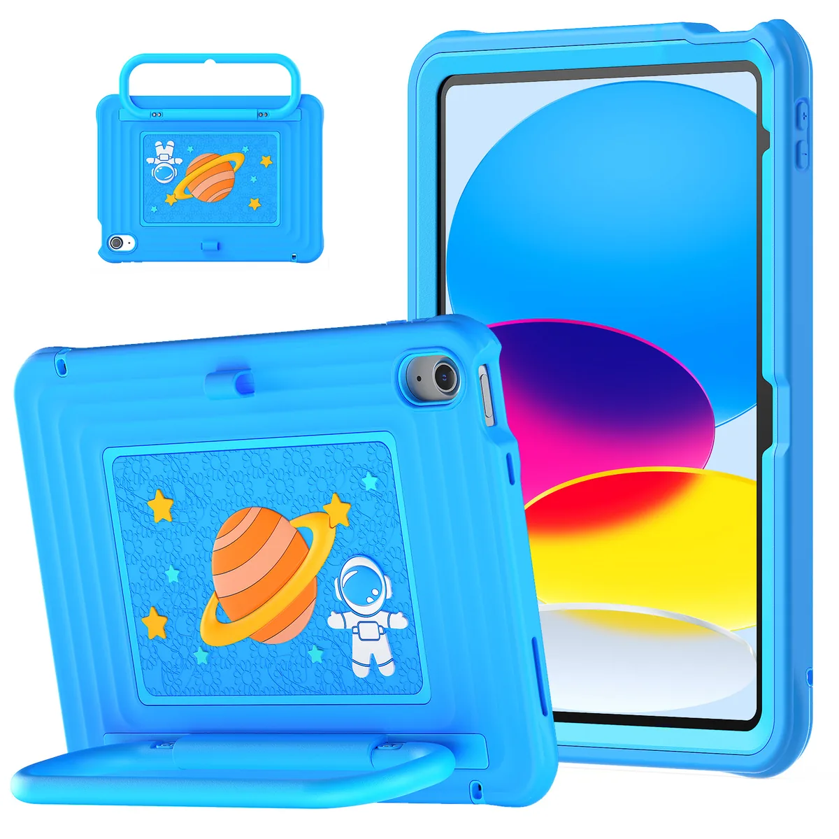 Light blue kids tablet case with carry handle and space-themed design