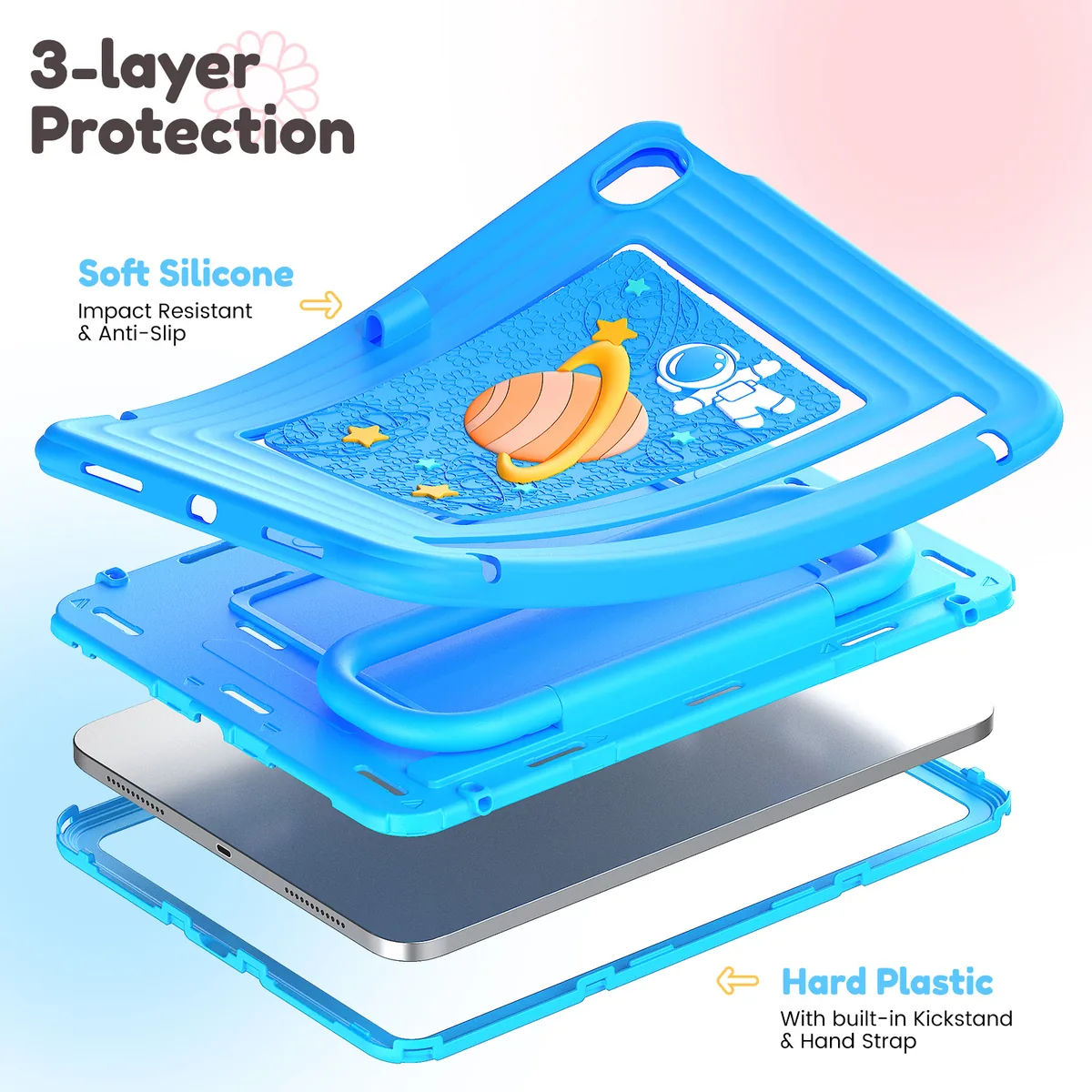 Three-layer structure: soft silicone, hard PC shell with kickstand and handle