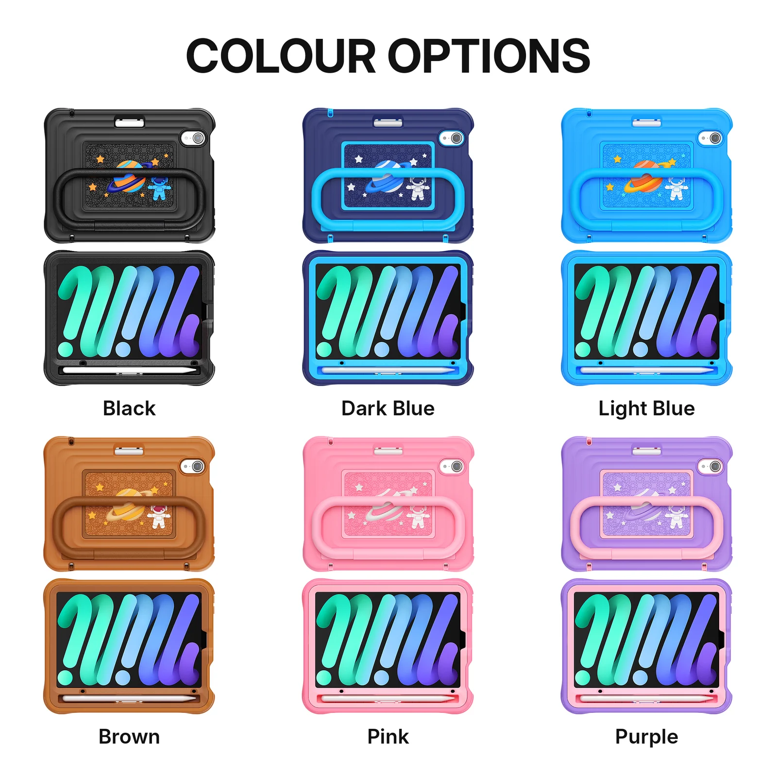 Kids tablet case in six colors: black, dark blue, light blue, brown, pink and purple