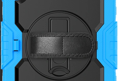 Close-up of the fabric hand strap and stitching on a blue protective tablet case